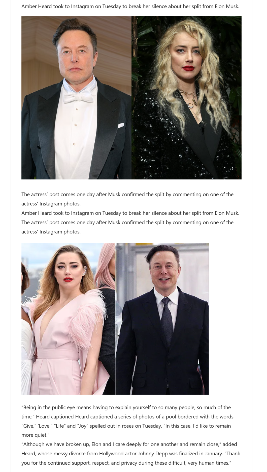 Amber Heard Speaks Out About Breakup with Elon Musk, Says They Still ‘Care Deeply for One Another