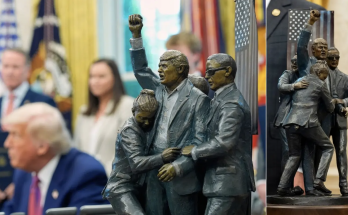 Sculpture depicting iconic Trump assassination attempt photo displayed in Oval Office