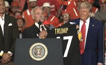 Steelers players join Trump on stage at Pennsylvania event and give him custom jersey
